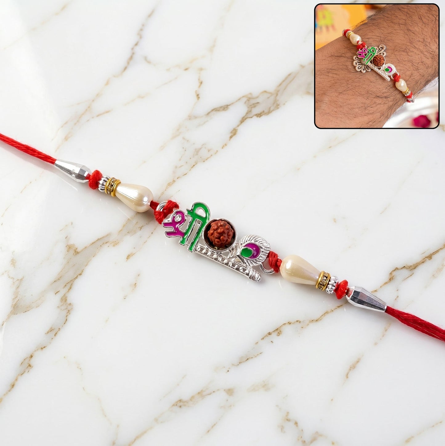 Colorful Rudraksha and Pearl Beads Rakhi with traditional design