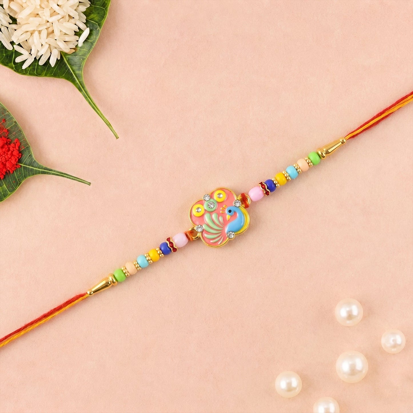 Colorful Peacock design Rakhi with decorative beads and traditional style