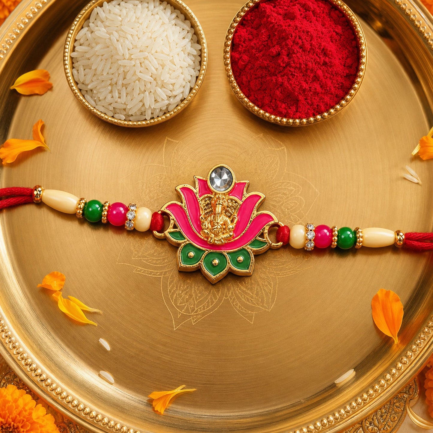 Close-up view of Ganesh Lotus Leaf Rakhi highlighting Ganesh symbol and decorative beads
