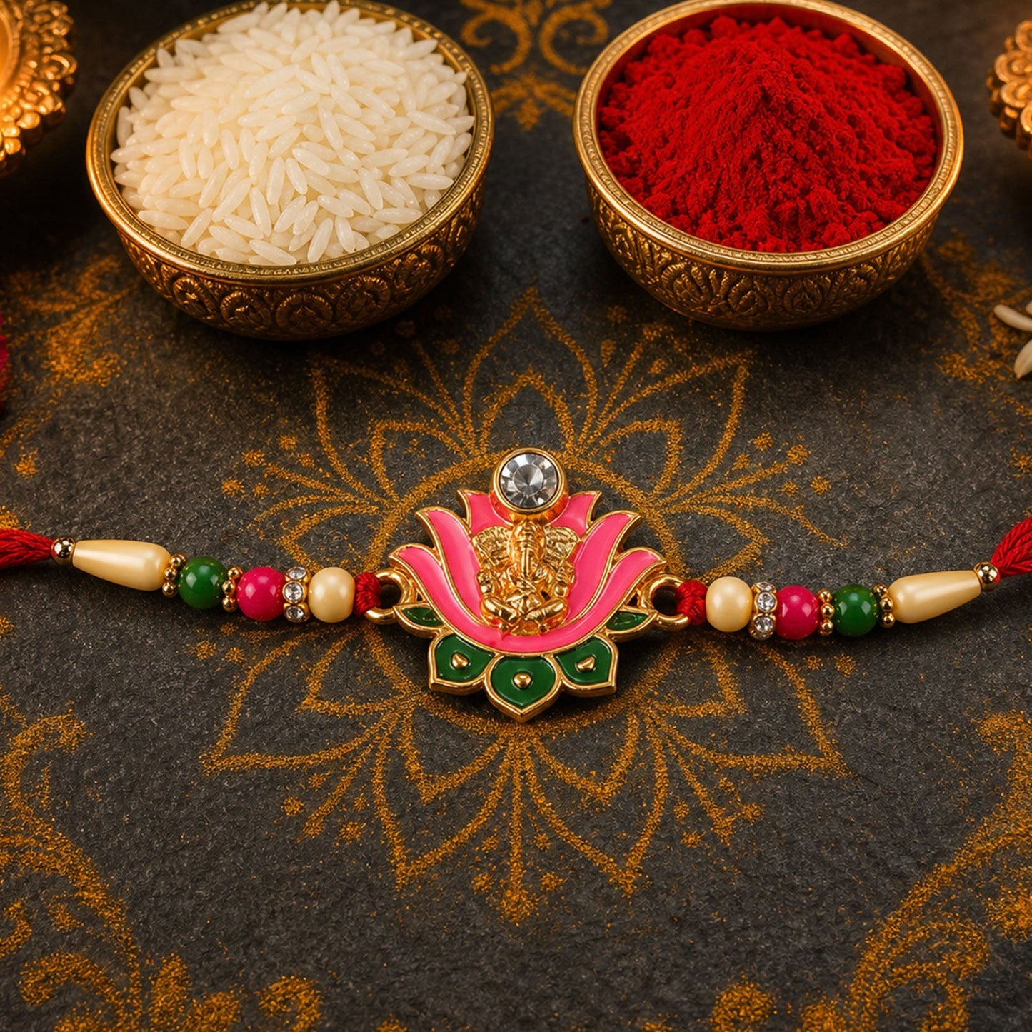Top angle of Ganesh Lotus Leaf Rakhi displaying its festive and traditional design