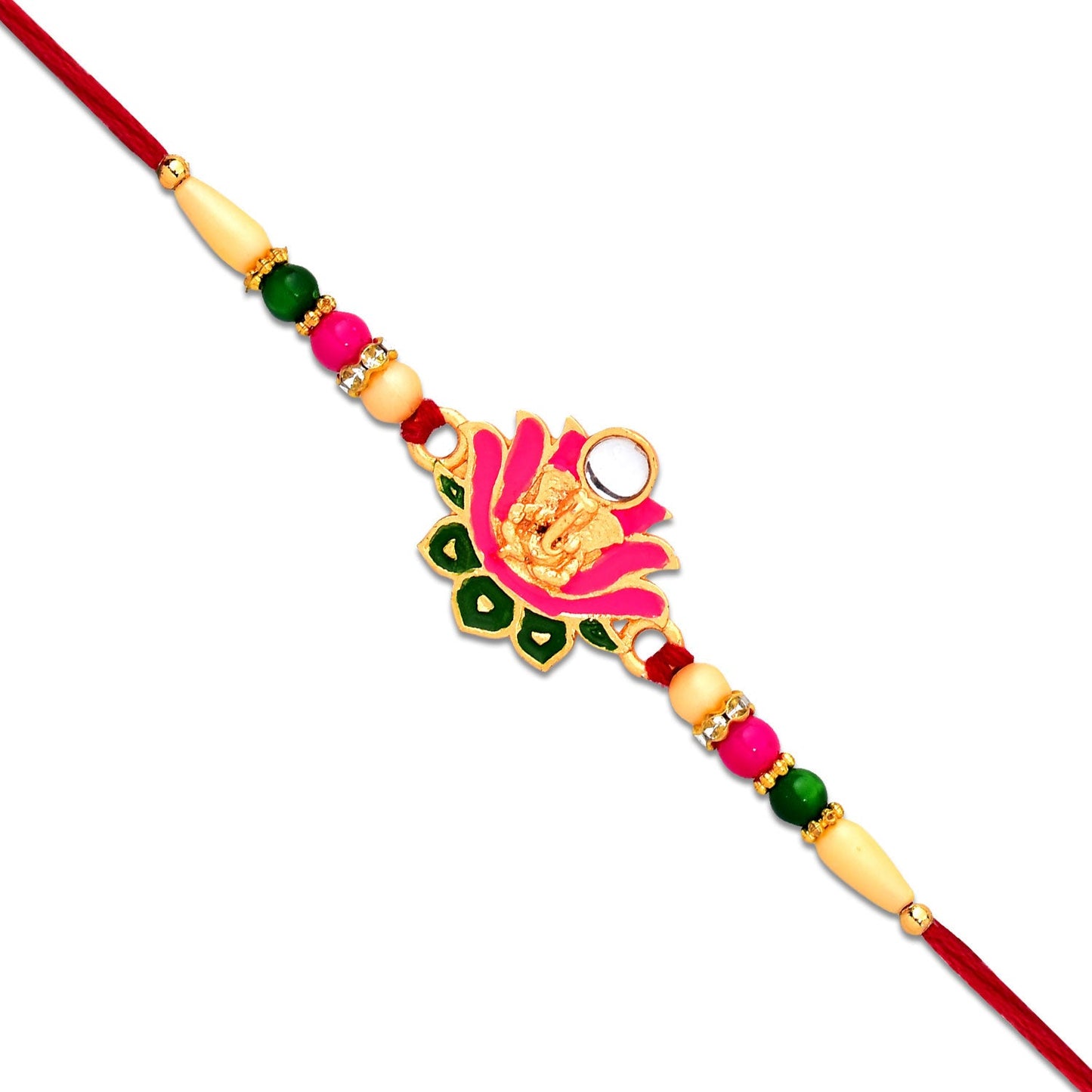 Ganesh Lotus Leaf Rakhi laid flat exhibiting vibrant colors and artistic detailing