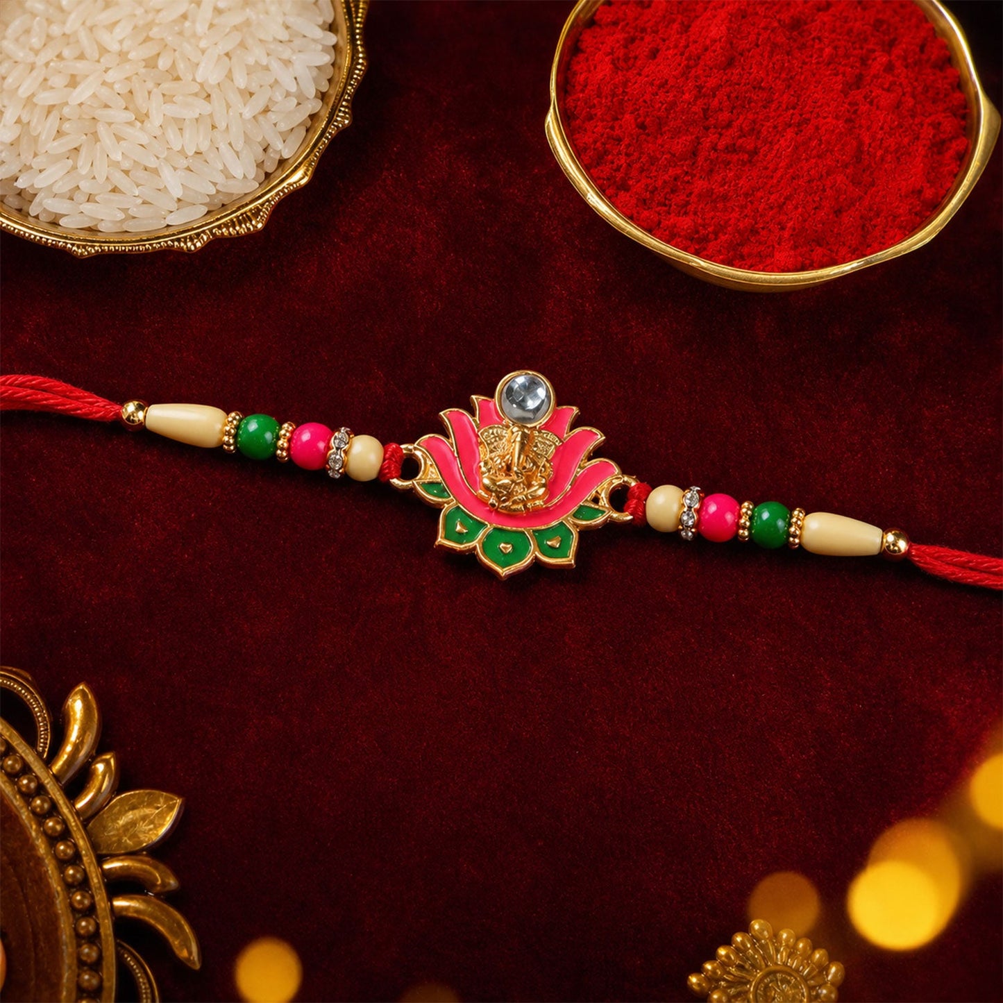 Side profile of Ganesh Lotus Leaf Rakhi showcasing comfortable thread and craftsmanship