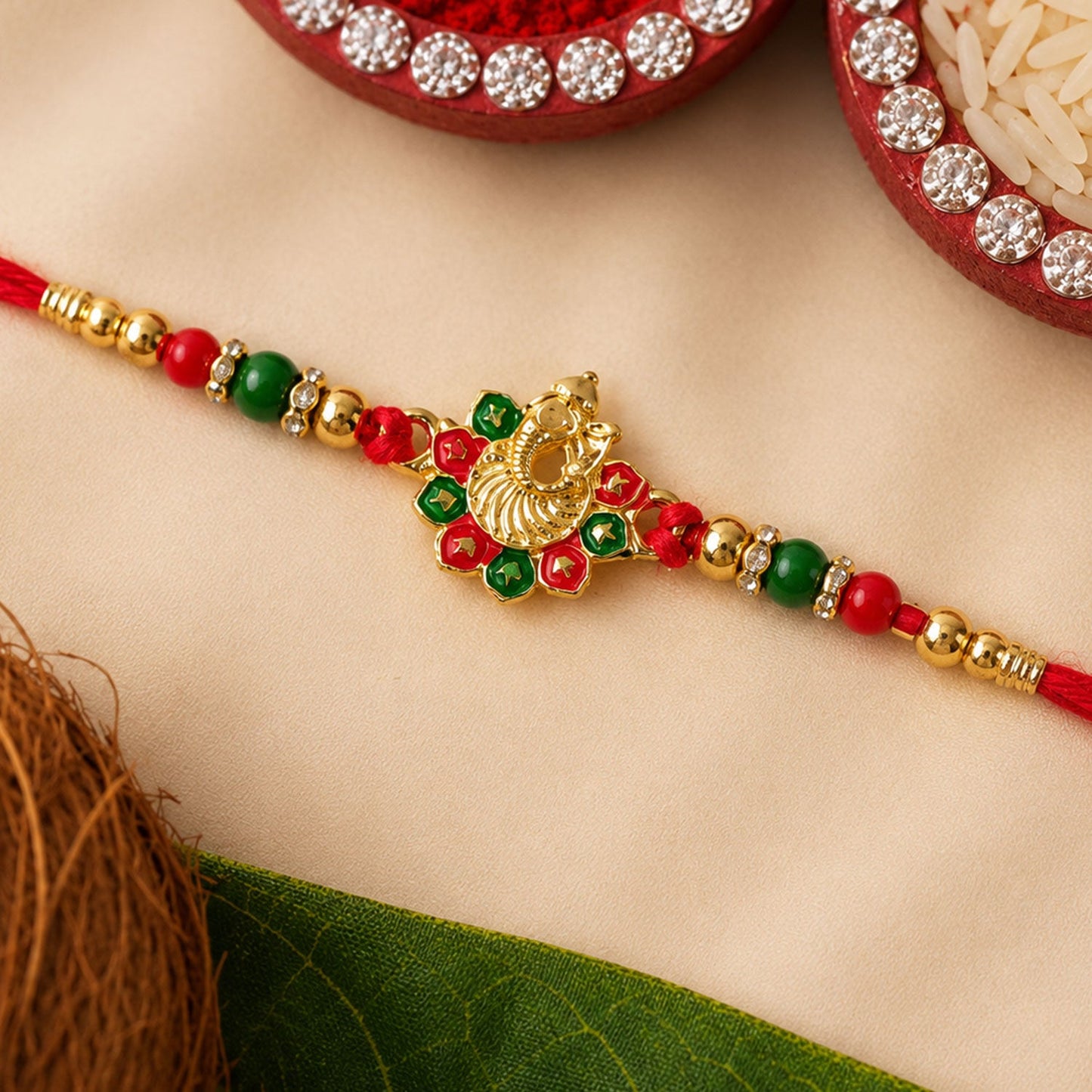 Elegant Ganesha Rakhi featuring intricate beads and stone work for Raksha Bandhan