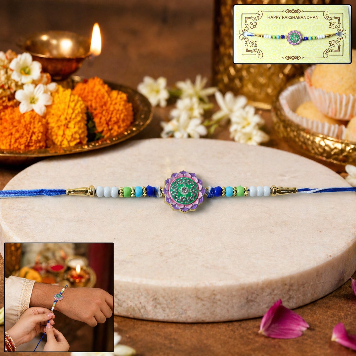 Designer Rakhi with floral centerpiece and colorful beads suitable for brothers and sisters