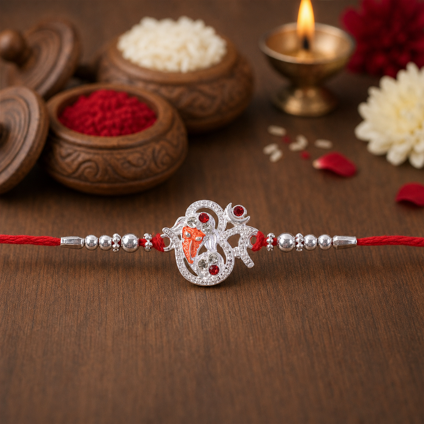 Handcrafted thread detail showcasing traditional Silver Ganesh Rakhi bracelet