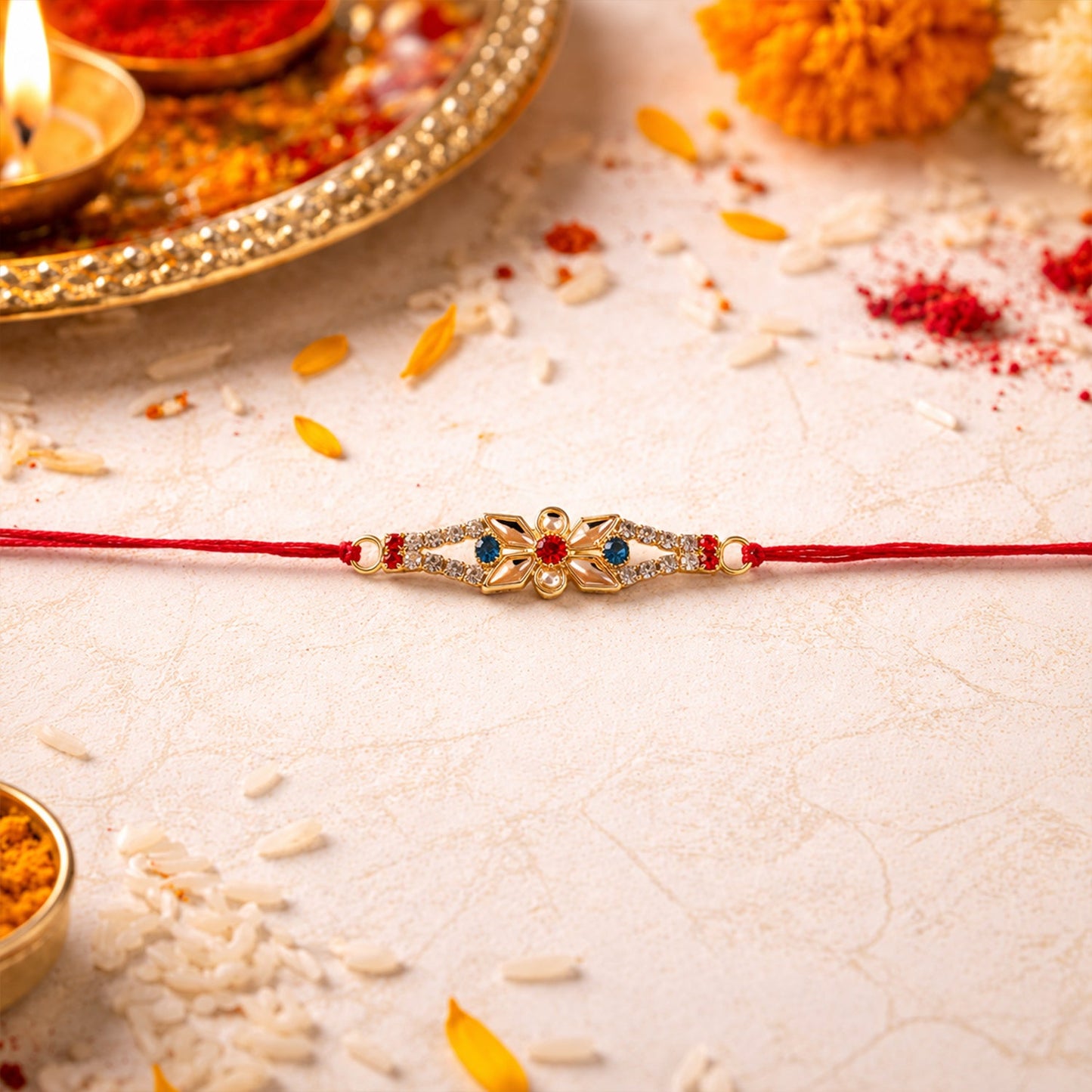 Stylish floral rakhi with beads and modern festive look.