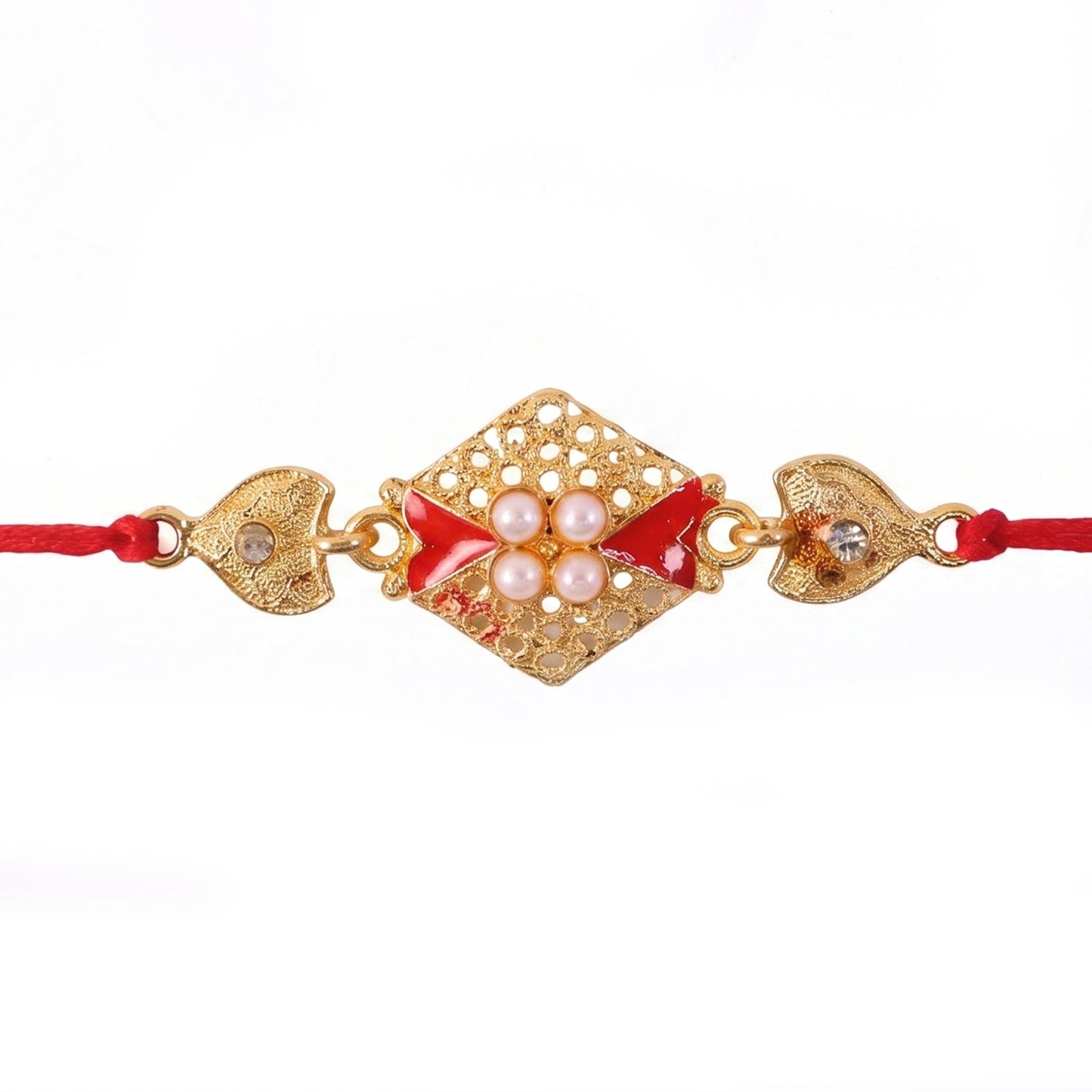 Elegant Royal Red Kundan Rakhi displayed on white background