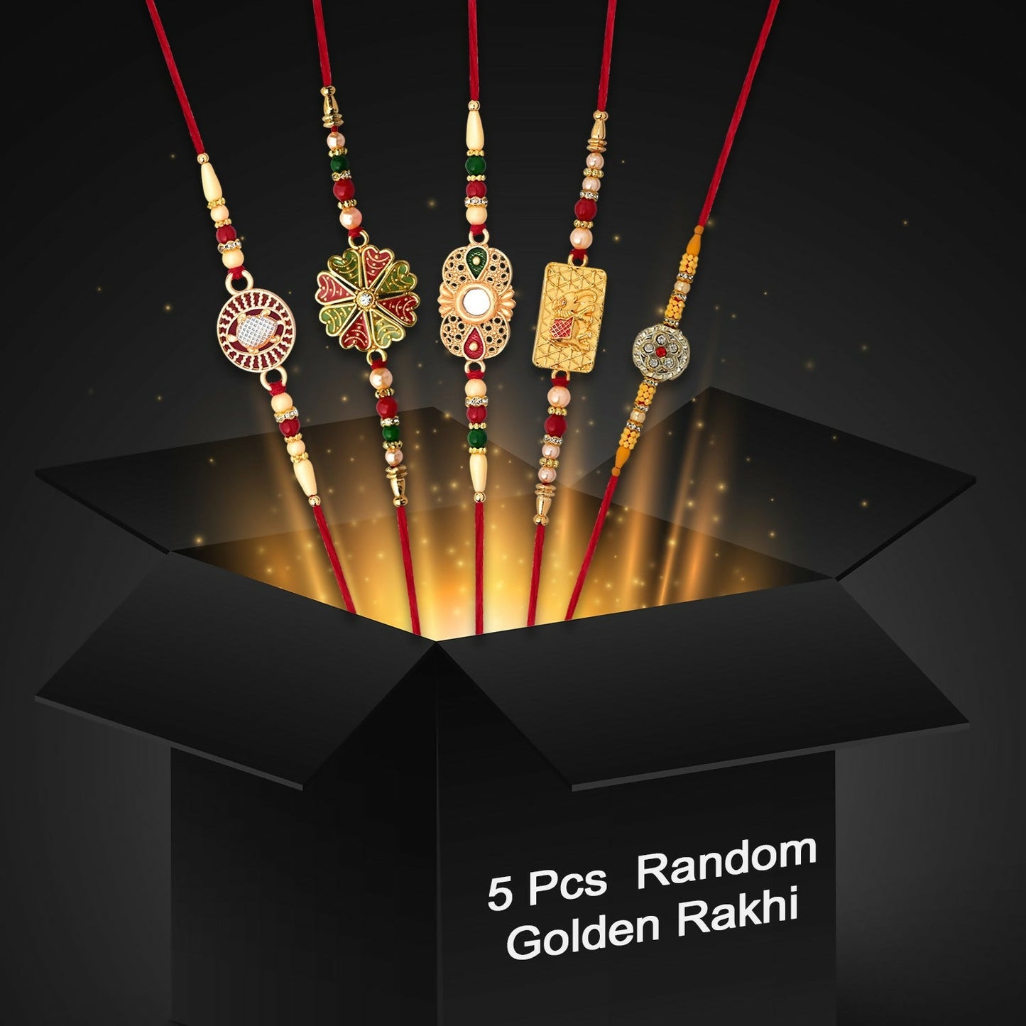 Assorted golden rakhi combo pack with surprise design for Raksha Bandhan
