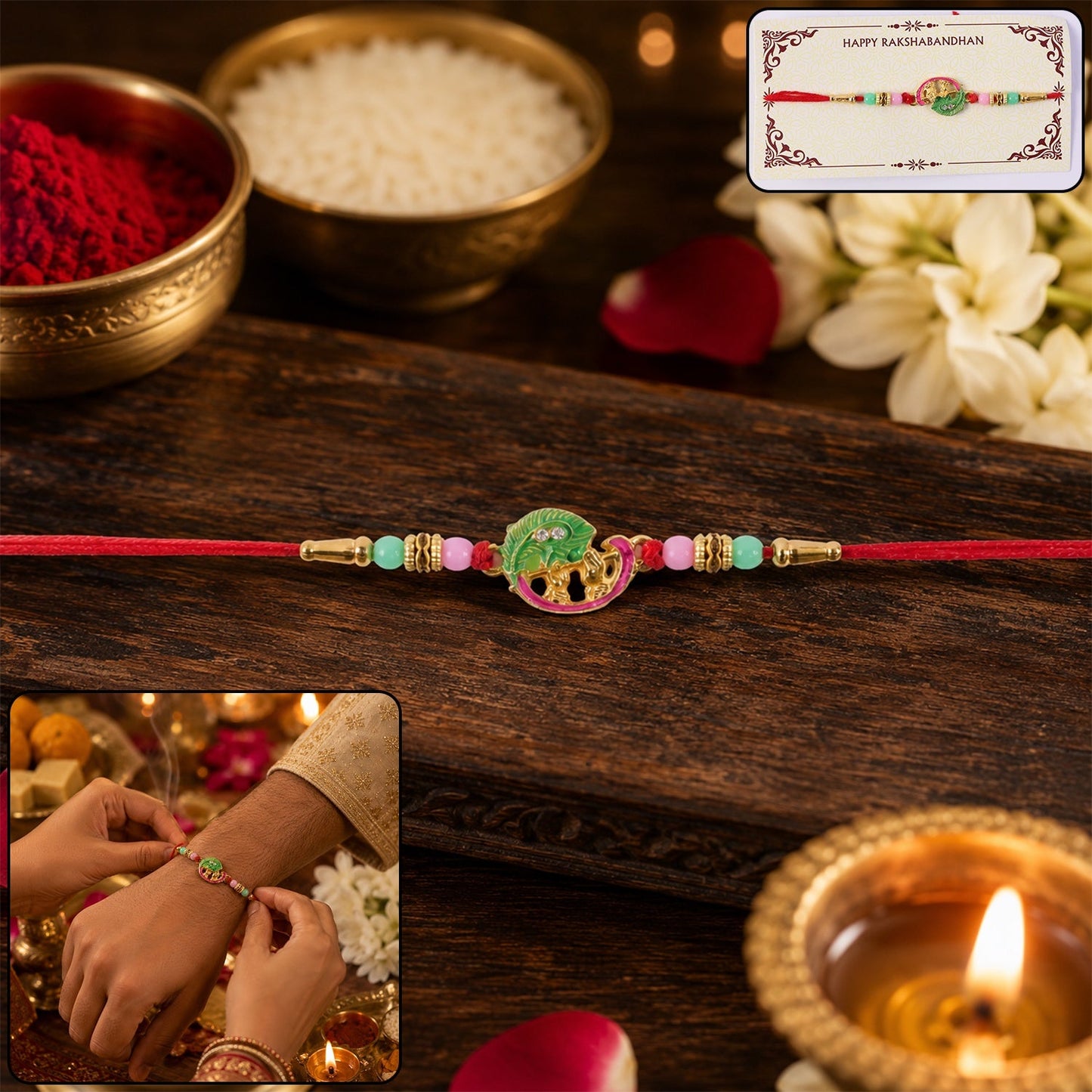 Mini Krishna Peacock Leaf Designer Rakhi with detailed motif from multiple angles