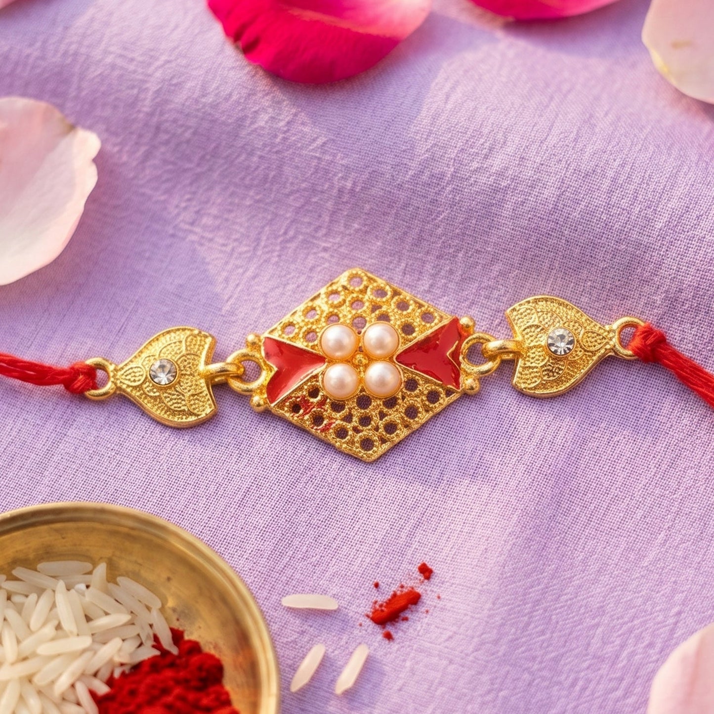 Detailed shot of Royal Red Kundan Rakhi with decorative beads
