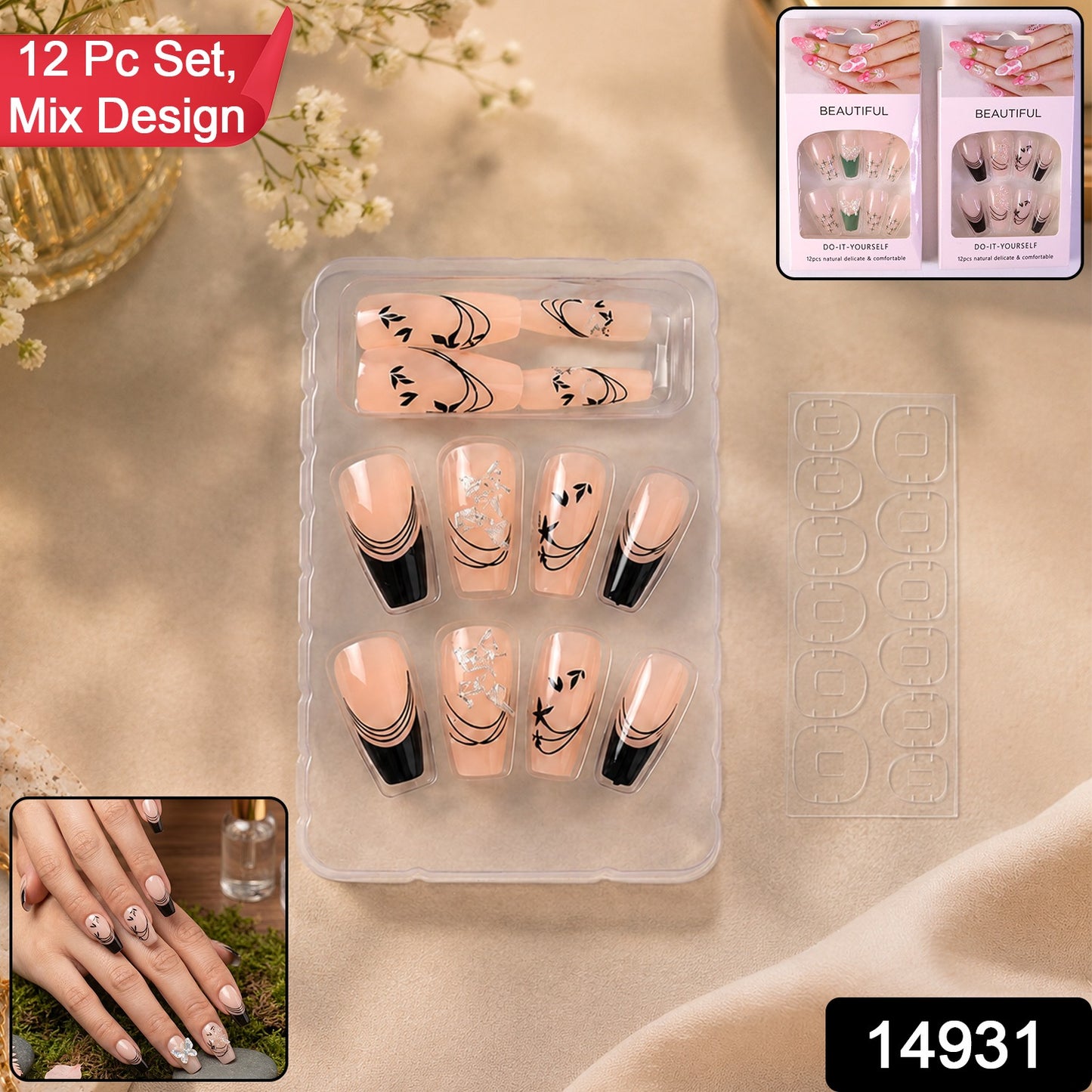 Premium Burgundy Artificial Nai fake nails- (Mix Design / 1 Set)