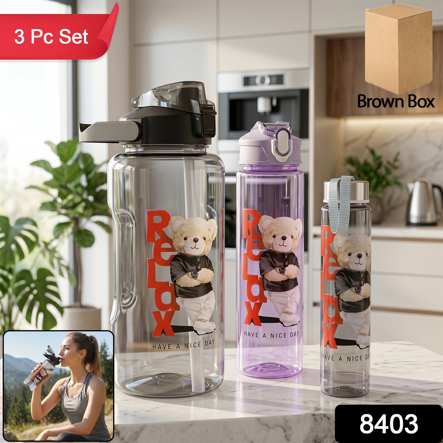 Plastic Water Bottle Set – BPA-Free, Leak-Proof, Cartoon Design for Kids & Gym (3 Pc Set)