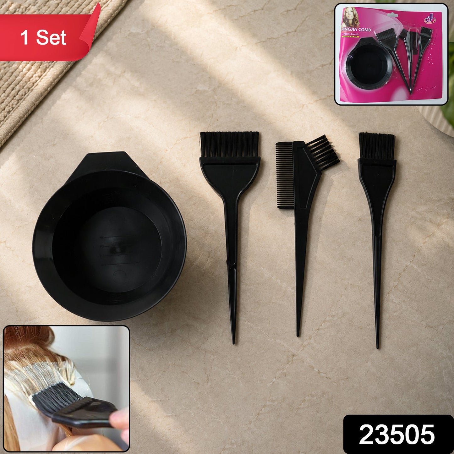 Complete hair coloring kit including dye brushes and mixing bowl in black