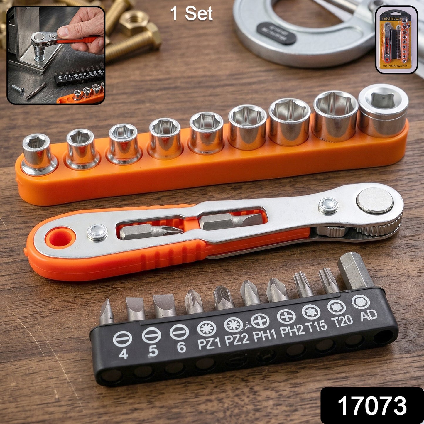 Close-up of mini ratchet wrench with multiple socket sizes and bits