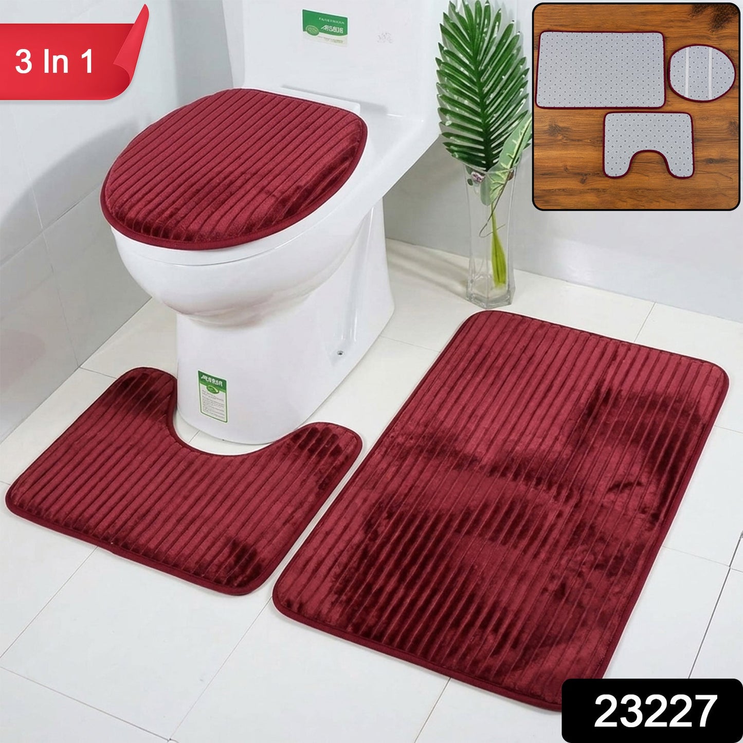 3 In 1 Anti Slip Bathroom Mat Set with Contour Mat and Lid Cover (3 Pc Set / Mix Color)