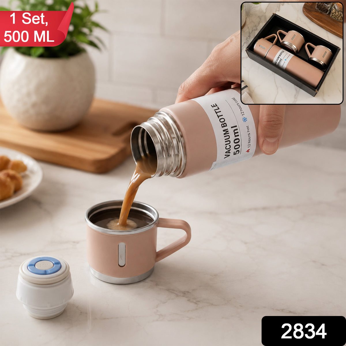 Stainless Steel Vacuum Flask Set with 3 Steel Cups Combo for Coffee Hot Drink and Cold Water Flask Ideal Gifting Travel Friendly Latest Flask Bottle. (500ml)
