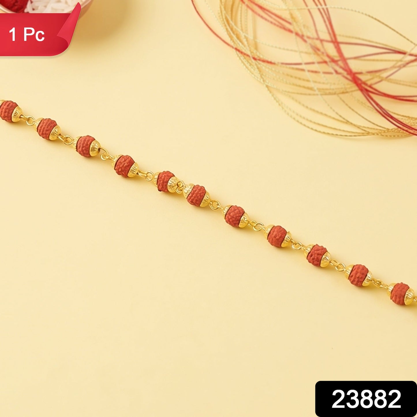 Rudraksha Bead Bracelet Rakhi, Gold-Plated Cap Beads Rakhi for Brother (1 Pc)