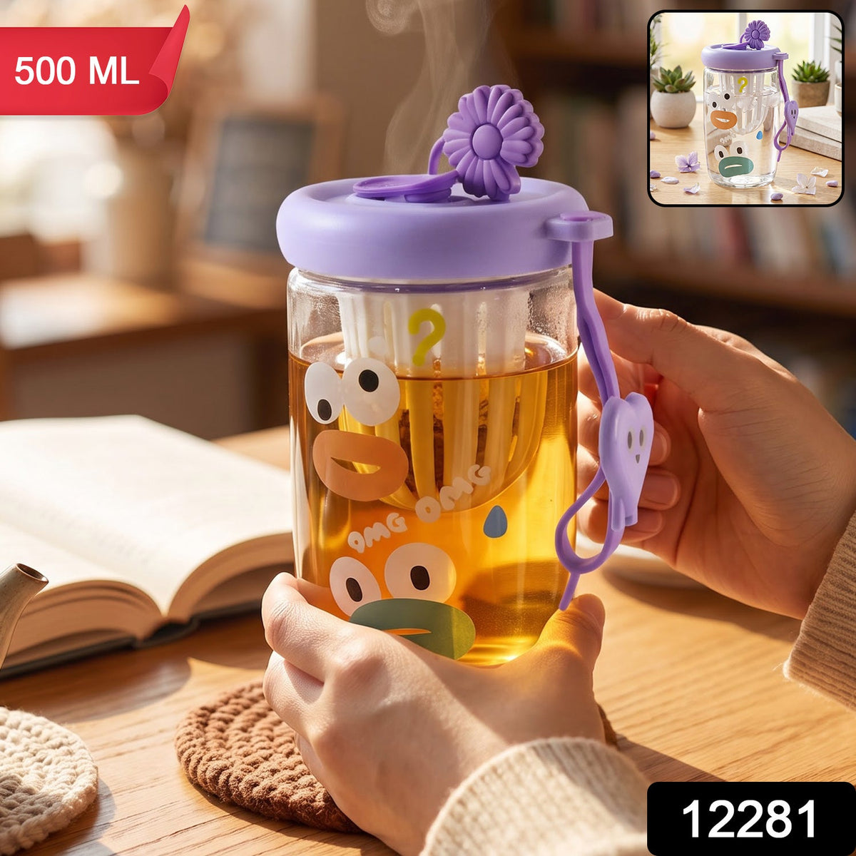 A glass tea sipper cup with a purple lid and cartoon duck face design is held, with a "500 ML" label in the top left and a