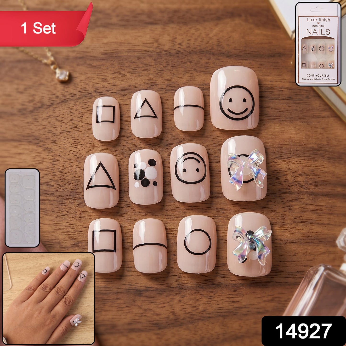 Pack of assorted reusable fake nails, perfect for a quick home manicure.