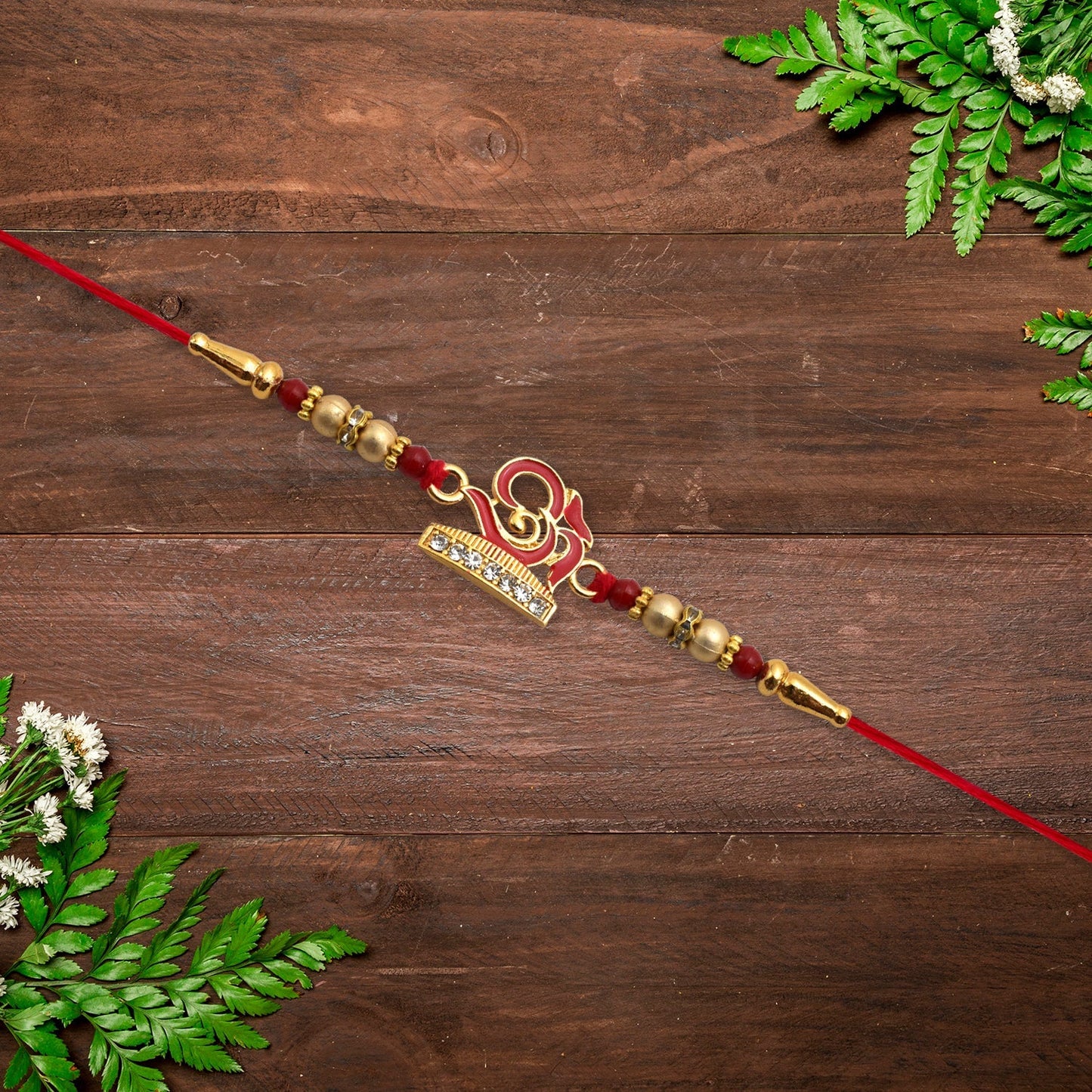 Close-up image showing premium materials of the handcrafted Traditional Rakhi OM Design.