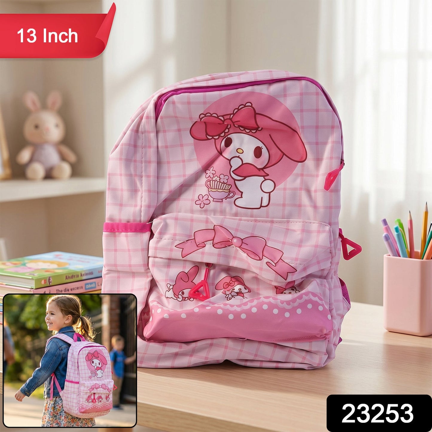 Cute Bow and Bunny Design Backpack – (1 Pc, 13 Inch)
