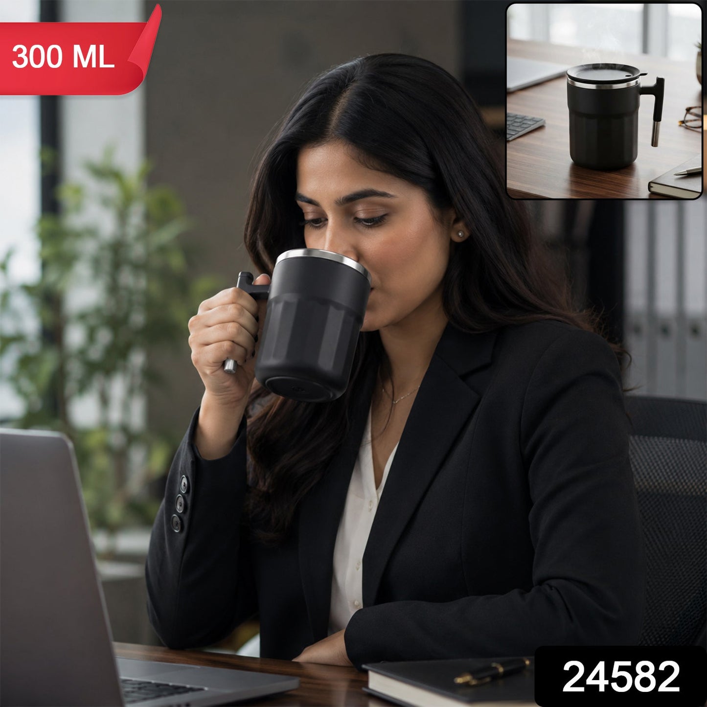 300 ml matte black mug with handle and lid, 1 piece
