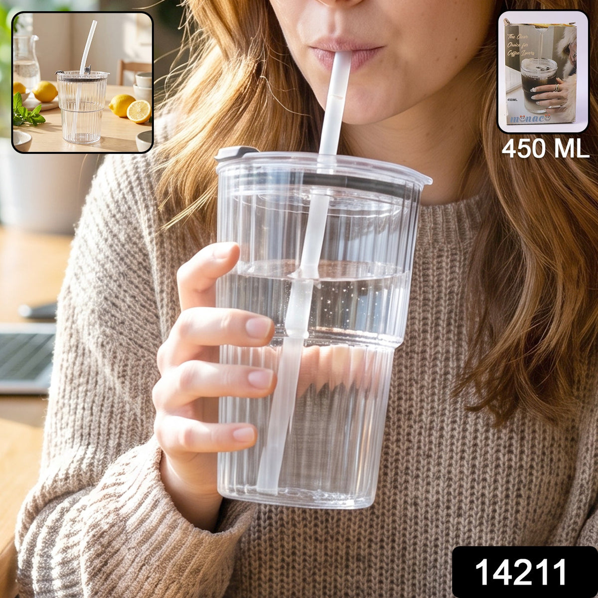 Plastic Tumbler with Lid 450ml Reusable, Clear & Leak-Proof