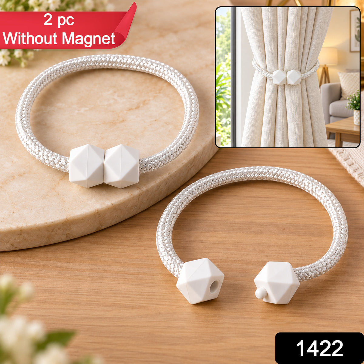 Non-Magnetic Curtain Tiebacks: Decorative Pearl Design (2 Pc, (Without Magnet Buckle)
