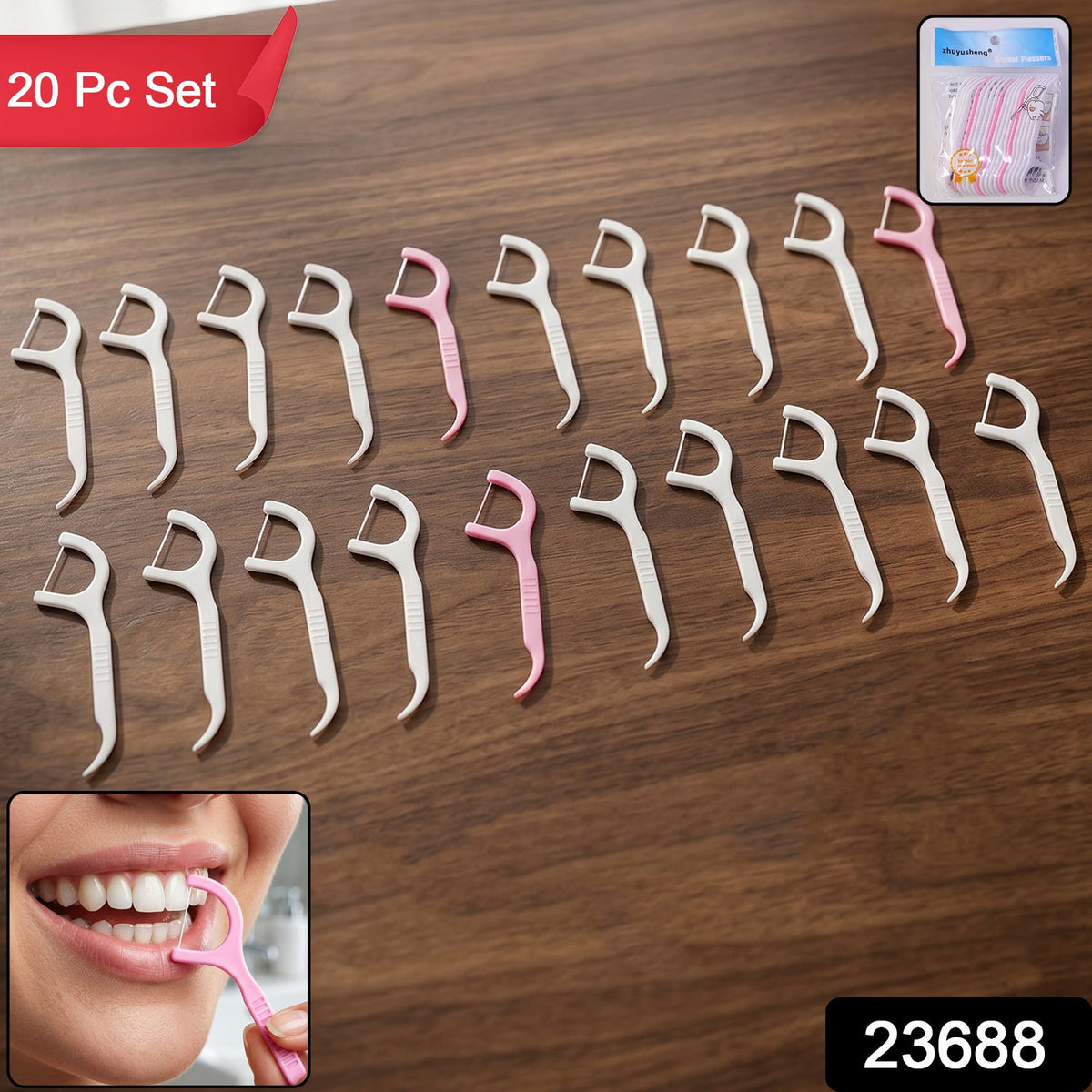 Twenty pink and white dental floss picks on a wooden surface, with a packaged set in the top right and a person flossing in
