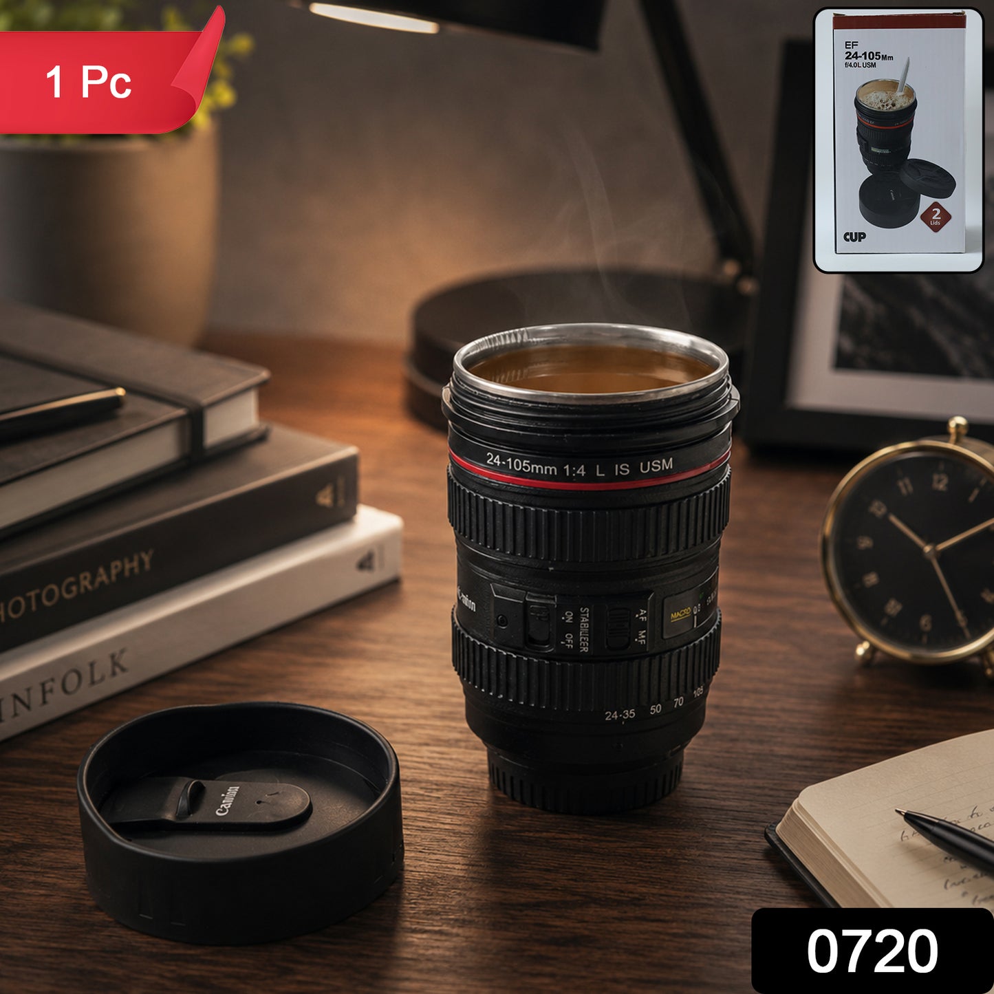 Camera Lens Shaped Coffee Mug Flask With Lid
