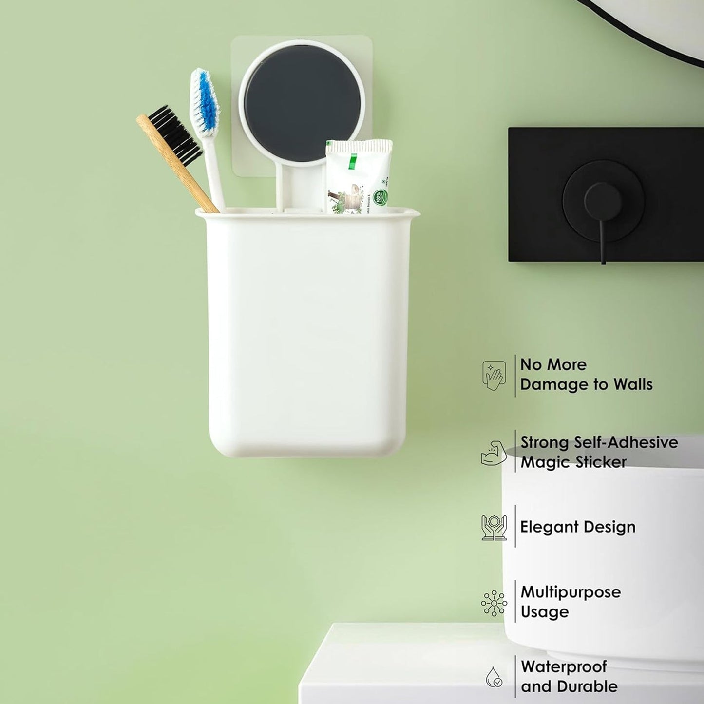 Wall Mounted Plastic Toothbrush Holder with Adhesive Installation (2 Pc)