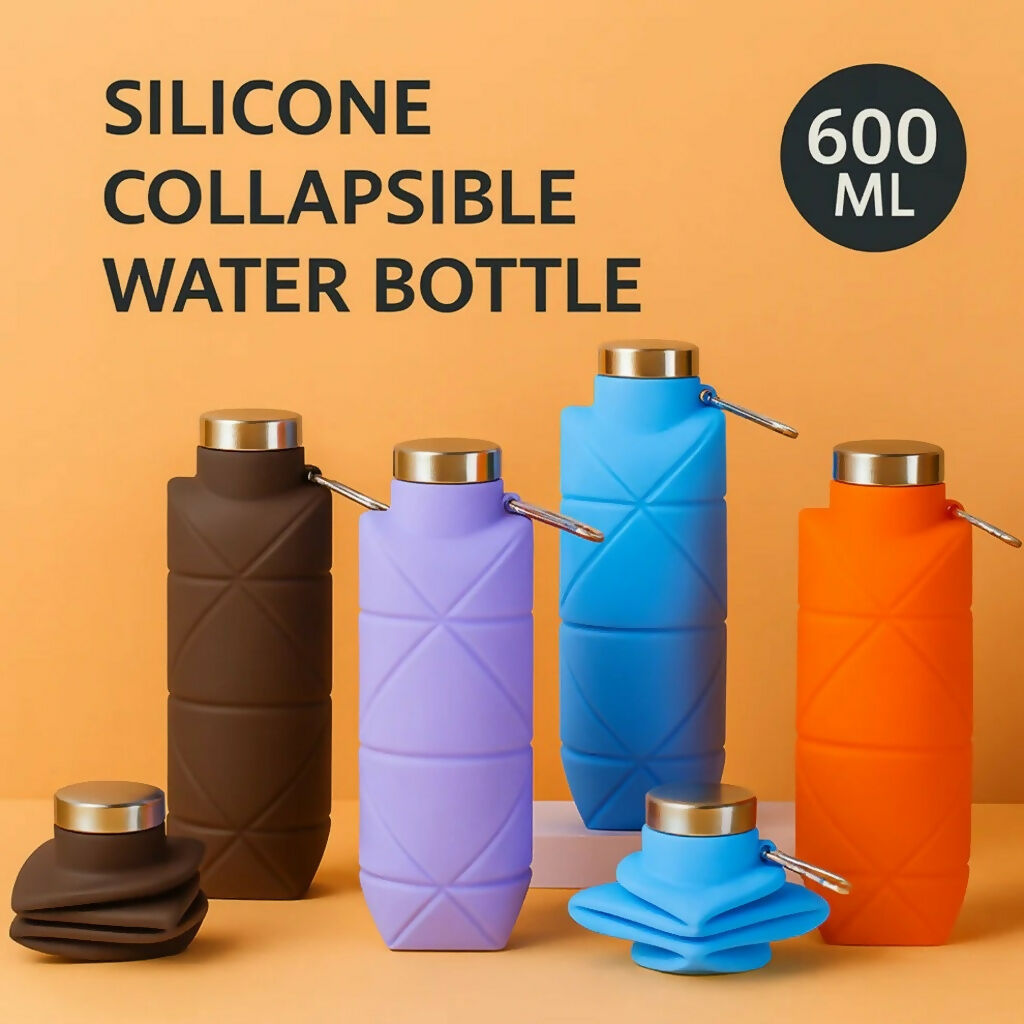 Orange Collapsible Silicone Water Bottle 600ml Leakproof Travel