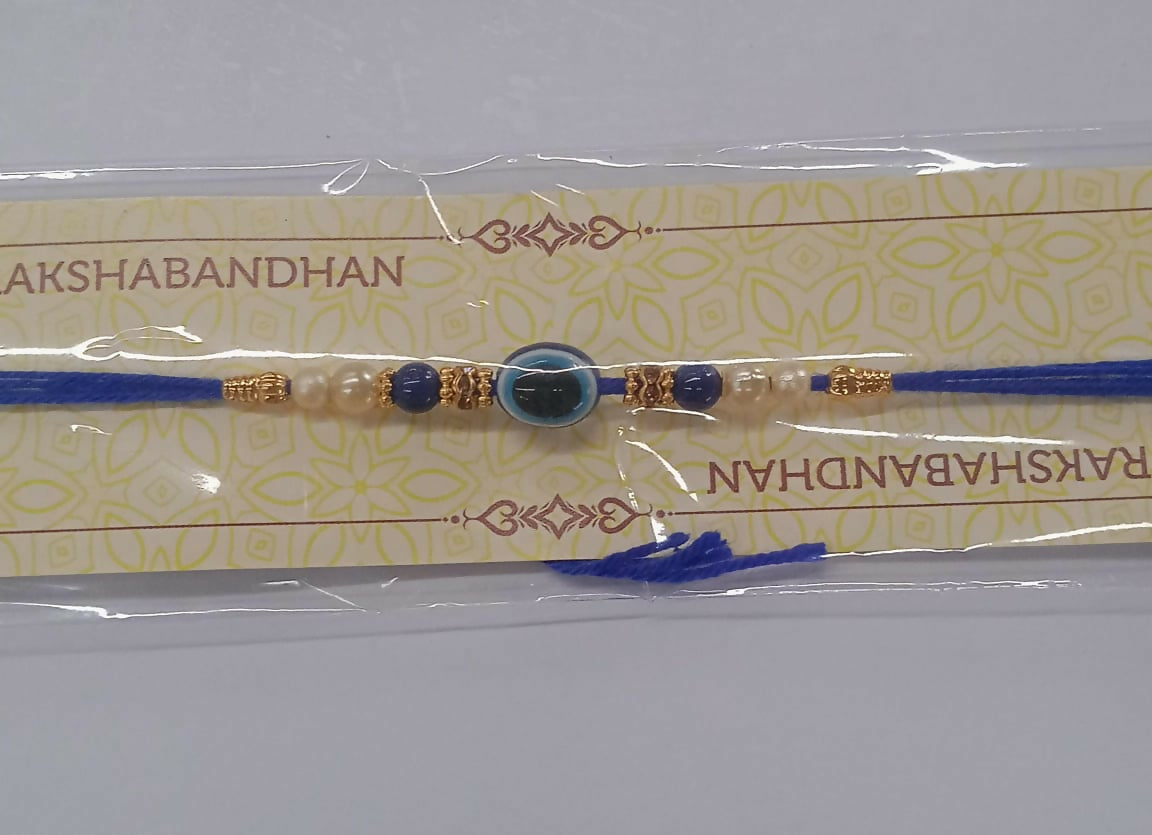 Stylish Blue Rakhi displayed on white background, perfect for brothers
