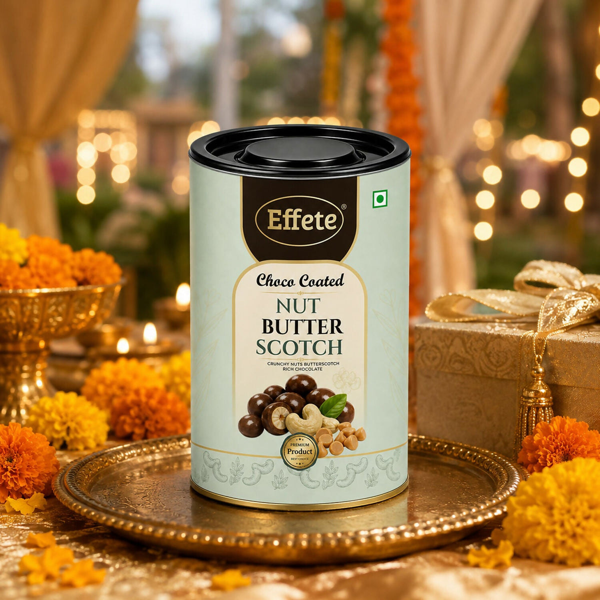Effete Choco Coated Nut Butterscotch Chocolate displayed with other festive elements for gifting.