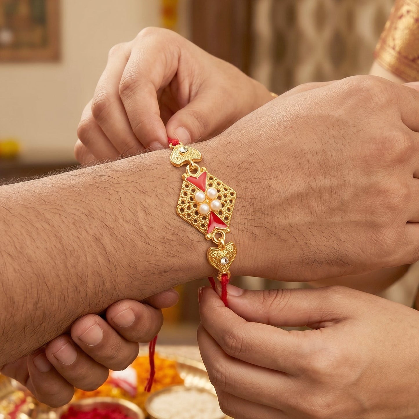 Side view of Kundan Rakhi with gold side charms and decorative beads