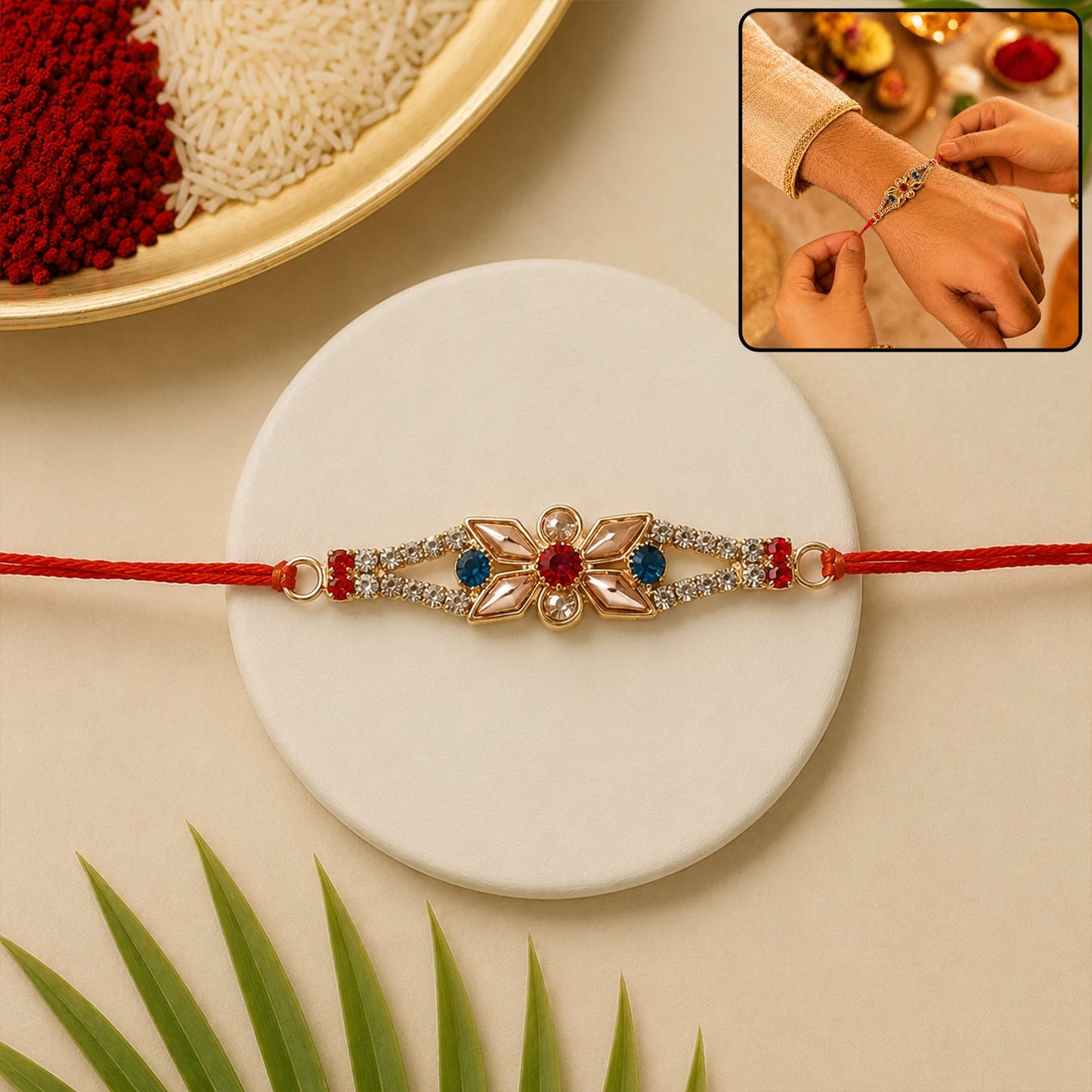 Red and white floral decorative rakhi with beads and stylish finish.
