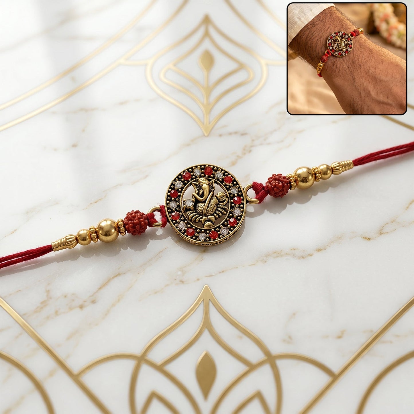 Golden Ganesh Rakhi with Rudraksha beads and red thread, festive and traditional