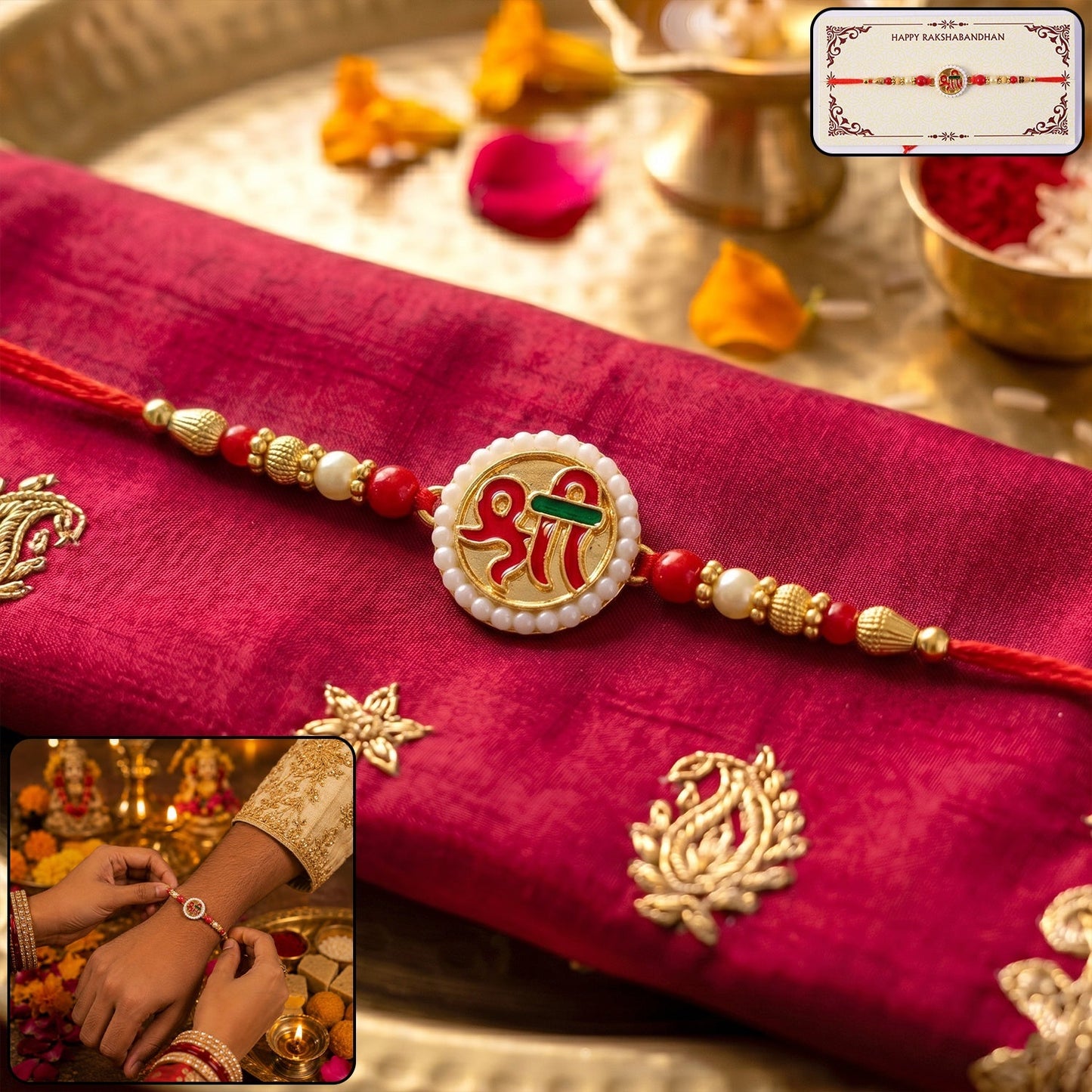 Close-up of Shri Symbol Devnagari designer Rakhi on soft thread