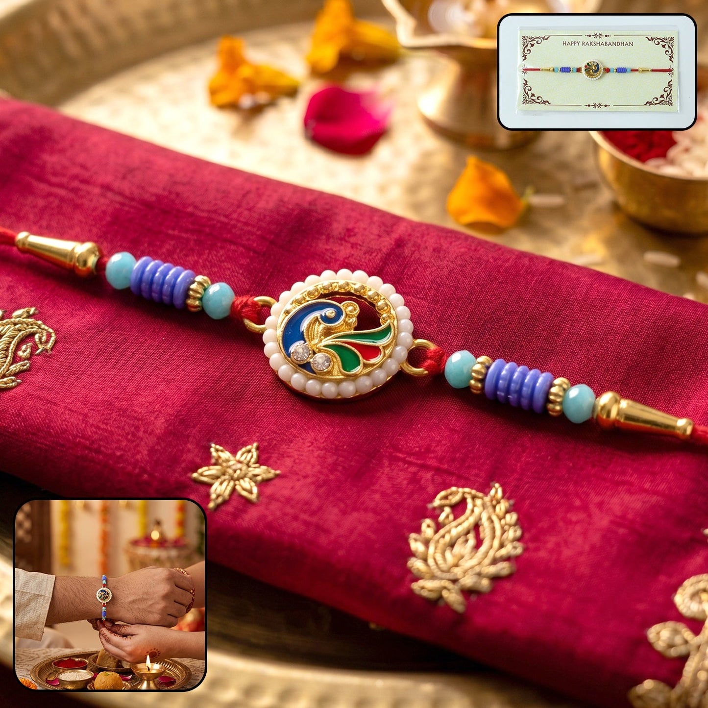 Close-up of elegant peacock pearl designer rakhi