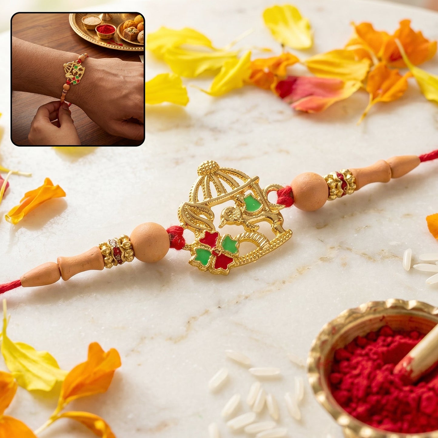 Golden bow and arrow Rakhi with red thread and decorative beads