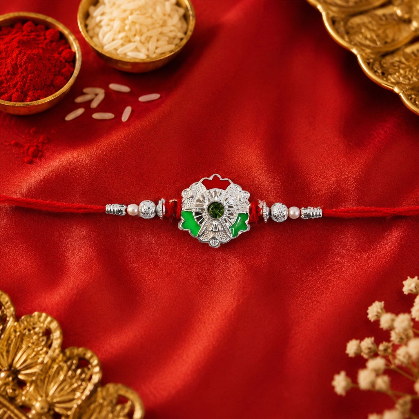 Close-up of green white flower & silver beads on Rakhi