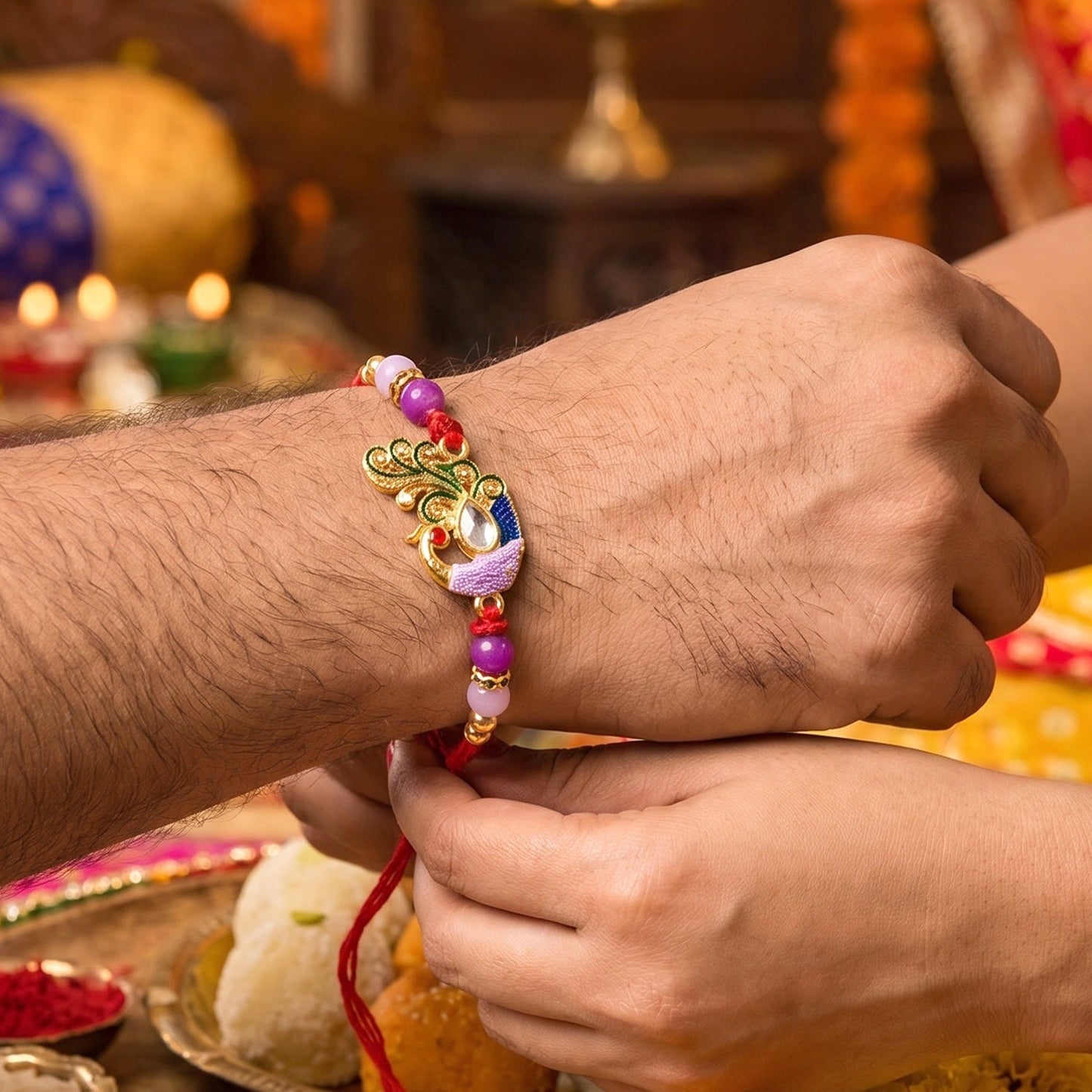 Full view of antique-style peacock Kundan Rakhi