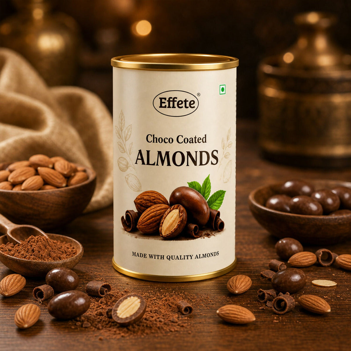 A tin of Effete Choco Coated Almonds on a wooden table with bowls of almonds and chocolate-covered almonds.