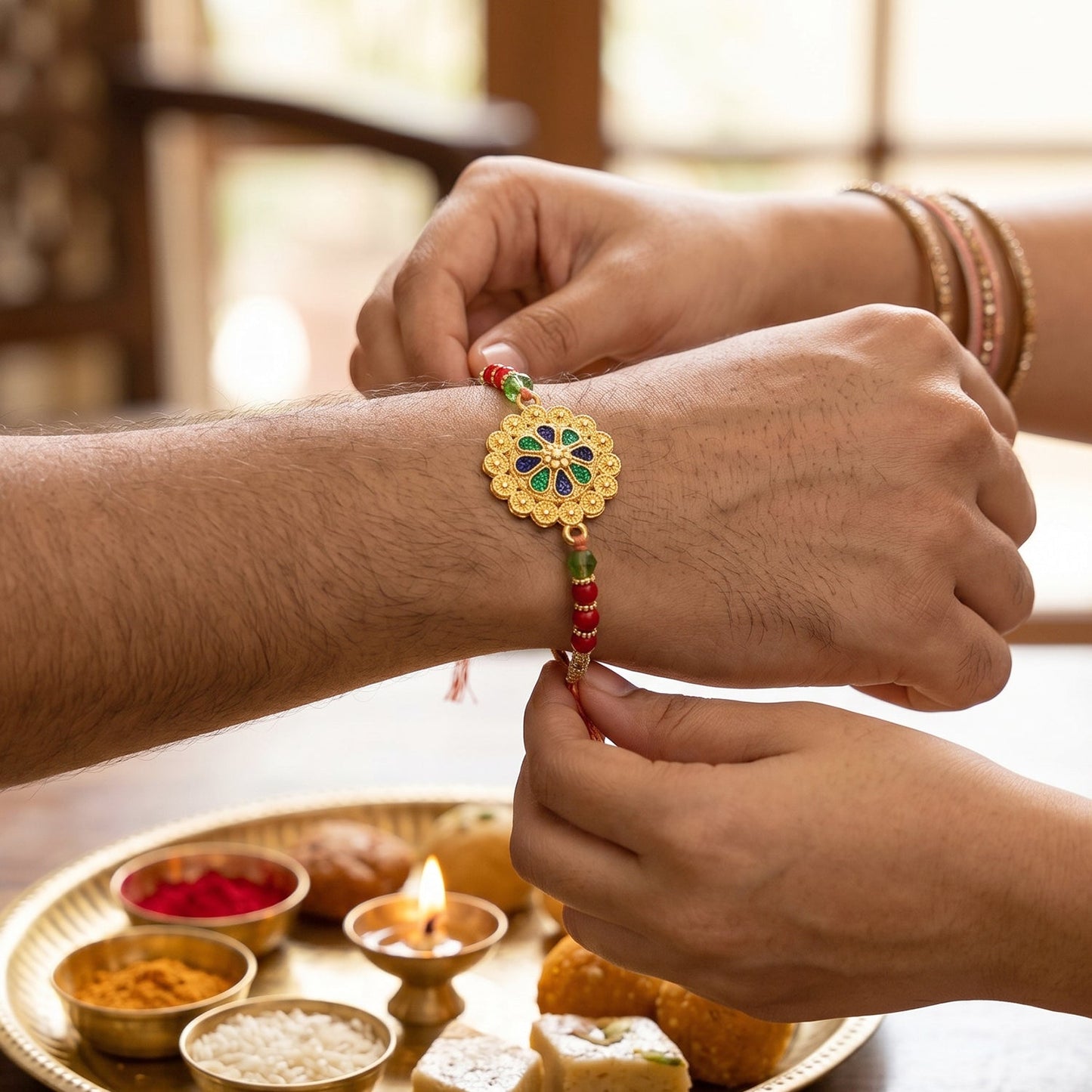 Traditional Gold Blue Flower Rakhi on white background