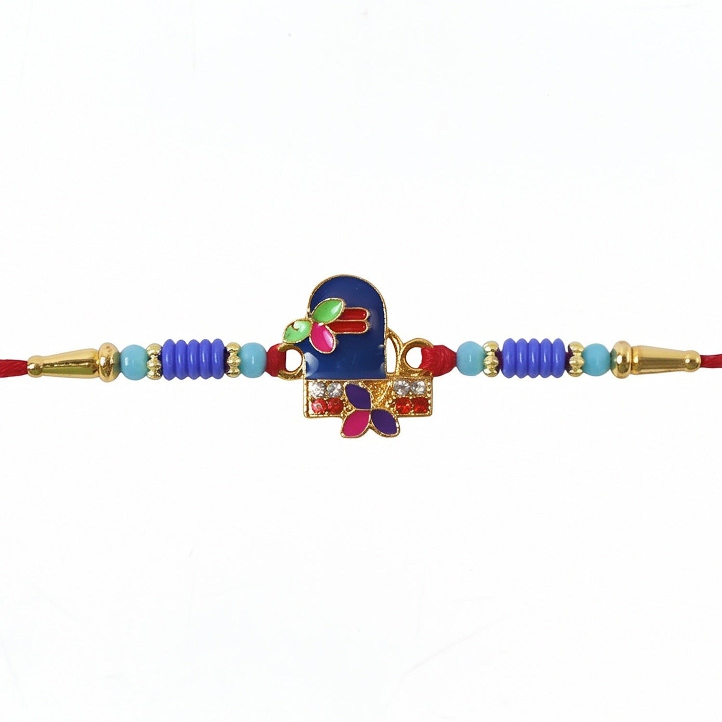 Hand tying Royal Blue Shiv Rakhi on wrist