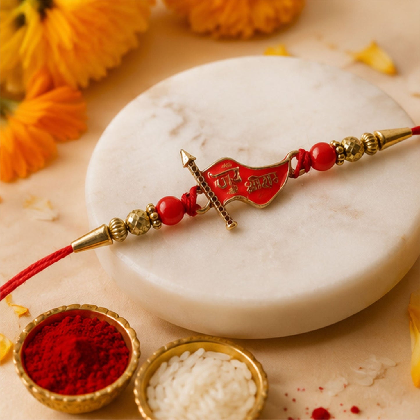 Festive Rakhi with red thread and gold centerpiece