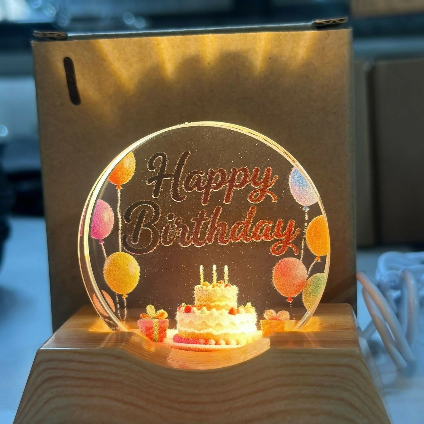 Happy Birthday LED Lamp Wooden Base Decorative Night Light