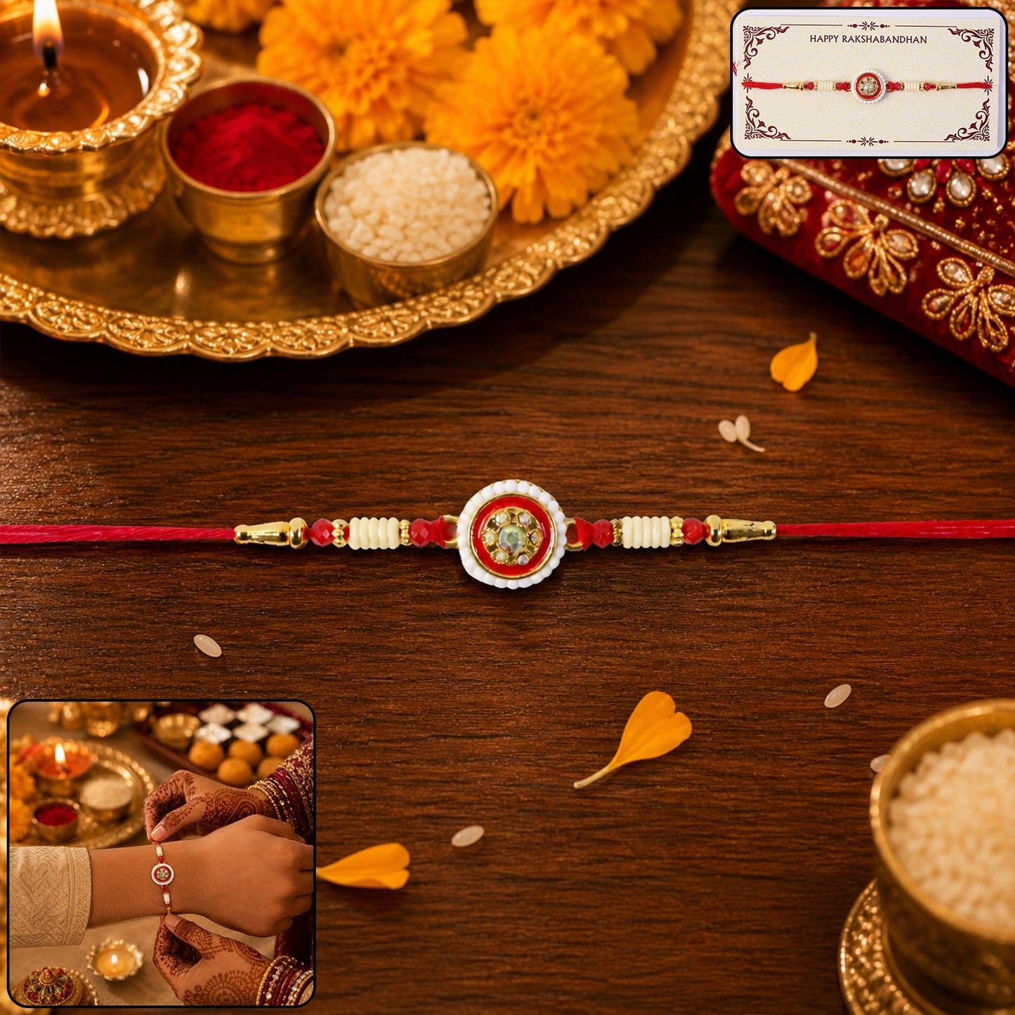 Red Round Kundan Pearl Border Rakhi close-up with intricate design