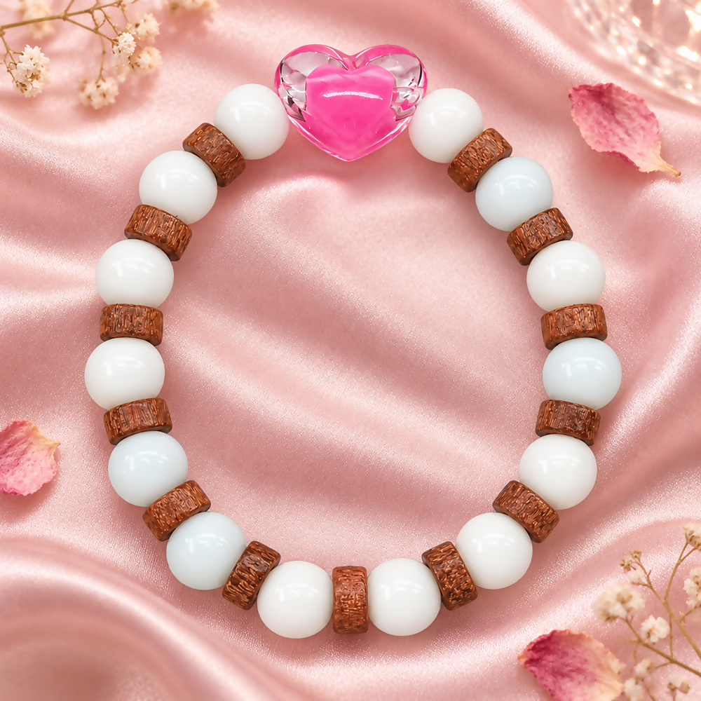 Heart Charm Bracelet with White Beads and Rustic Brown Spacer Details