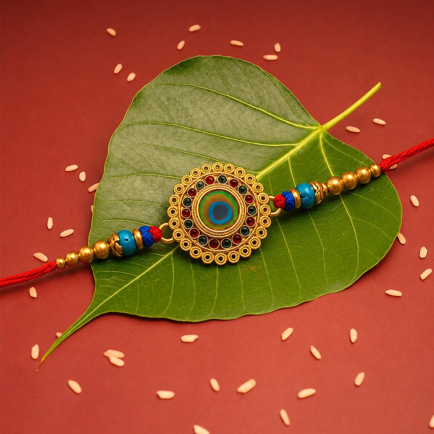 Golden flower Rakhi with colorful stones for Raksha Bandhan